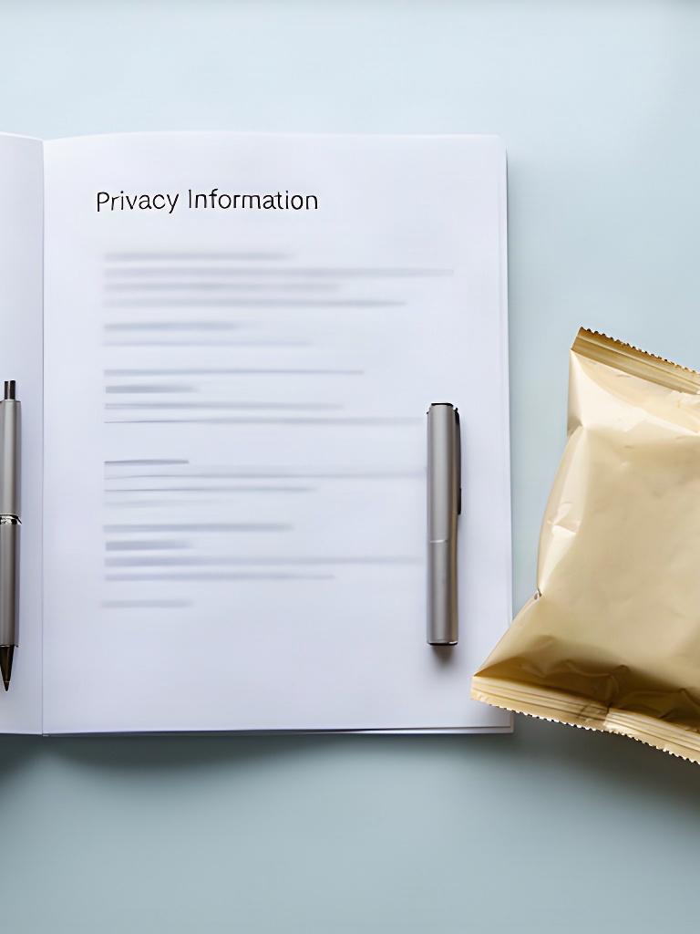 Documento informativo aperto su un tavolo chiaro accanto a una penna e una confezione alimentare