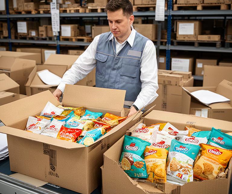 Operatore che prepara scatole di snack funzionali per una spedizione commerciale