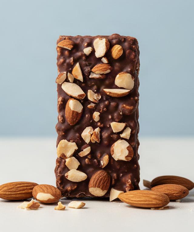Barretta proteica al cacao con mandorle croccanti su piano chiaro