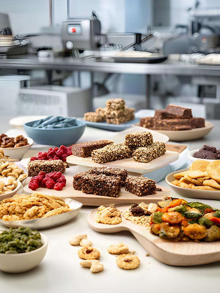 Assortimento di barrette e snack salutari disposto su banco di produzione