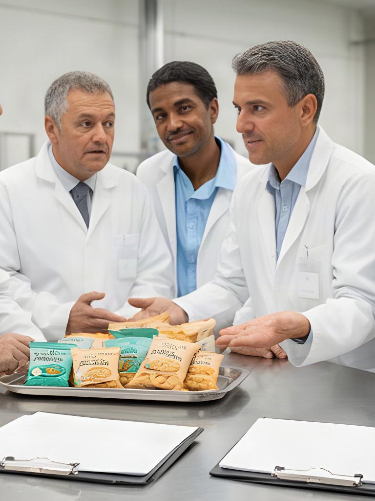 Team italiano discute il controllo qualità di snack confezionati