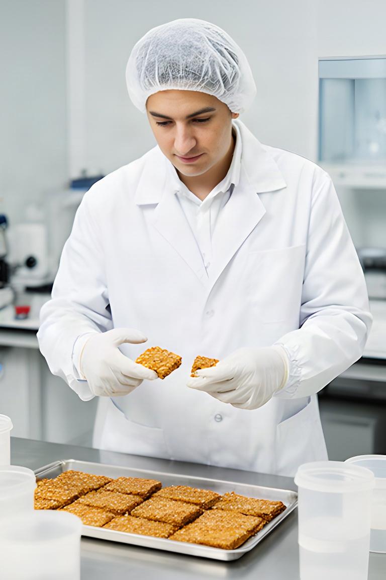 Operatrice con camice che esamina campioni di snack nel laboratorio qualità