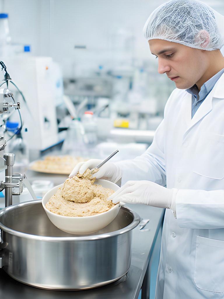 Tecnico in laboratorio mentre controlla una miscela per barrette proteiche
