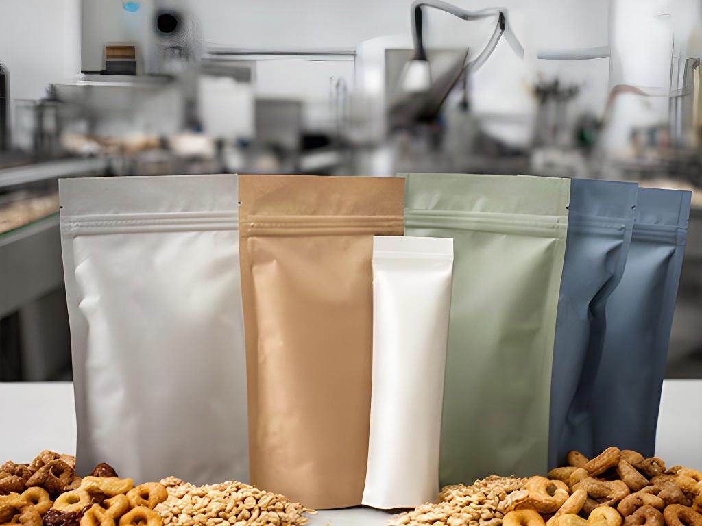 Packaging riciclabile per snack salutari disposto in un ambiente produttivo piemontese