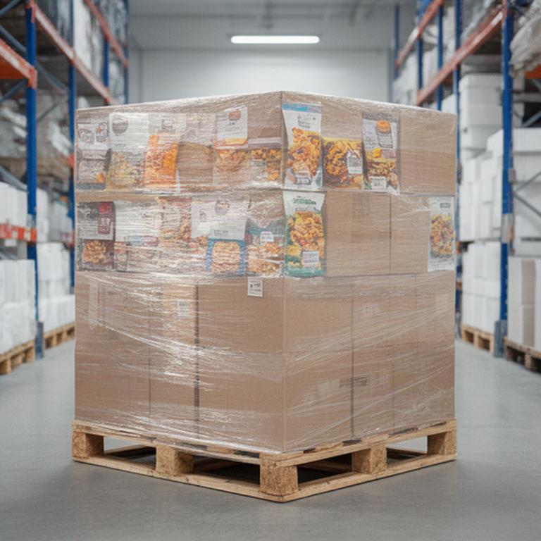 Pallet di prodotti confezionati pronto per la spedizione dal sito produttivo