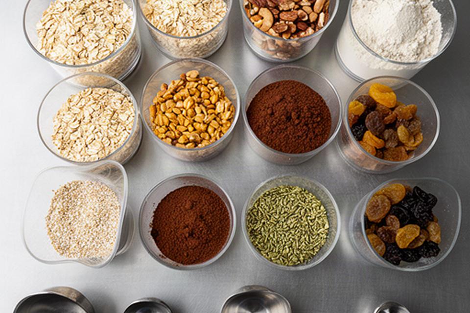 Ingredienti per snack proteici disposti in contenitori durante una verifica di produzione
