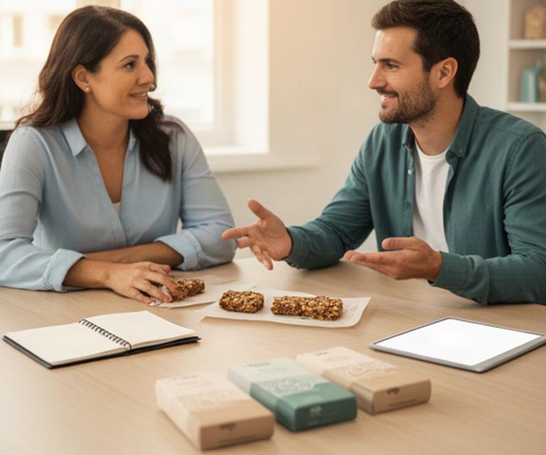 Incontro tra cliente e consulente davanti a campioni di snack funzionali