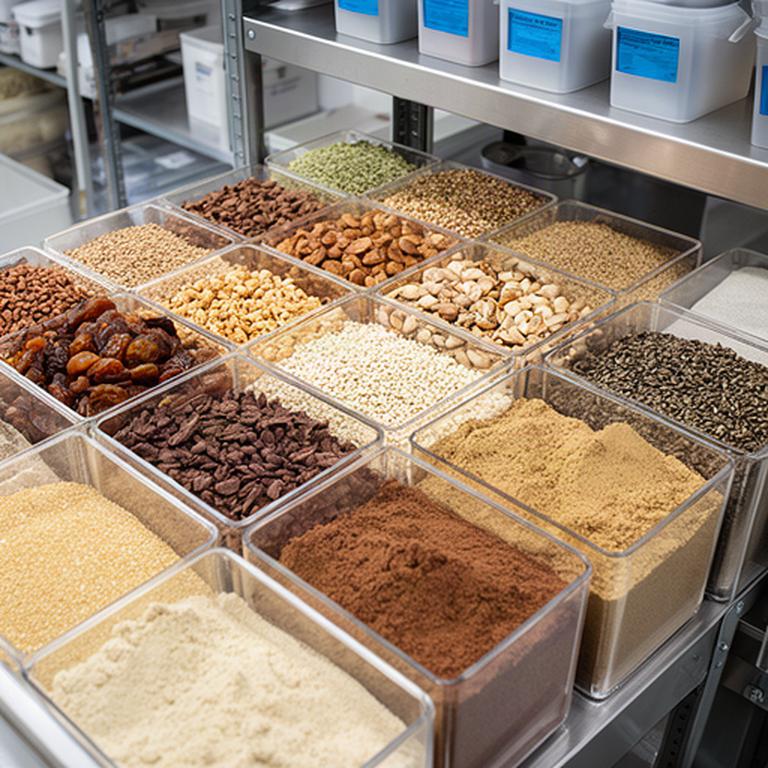 Ingredienti secchi certificati ordinati in contenitori nel reparto materie prime