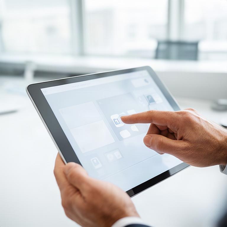 Persona che seleziona il consenso privacy su un tablet in un ufficio luminoso