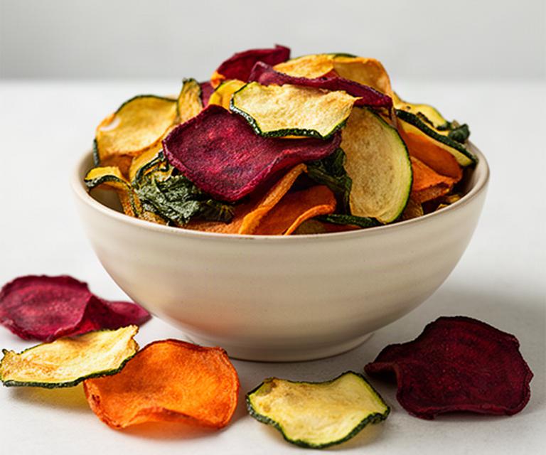 Chips di verdure al forno in ciotola ceramica senza olio aggiunto