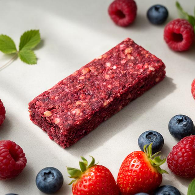 Barretta proteica ai frutti rossi accanto a bacche fresche