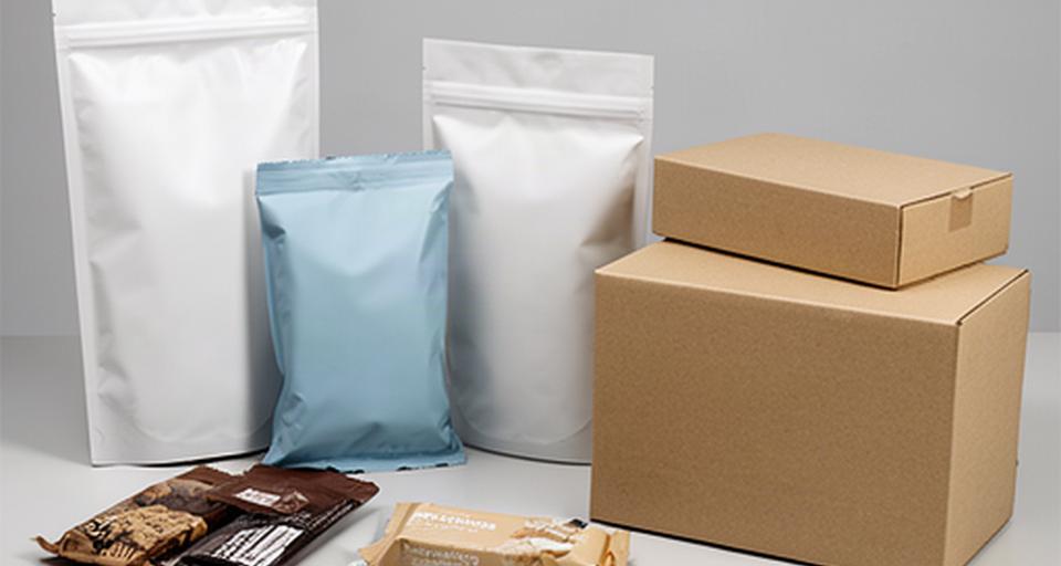 Packaging private label per snack proteici disposto accanto a scatole neutre