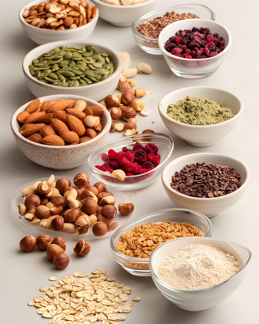 Ingredienti secchi e frutta a guscio preparati per una ricetta funzionale
