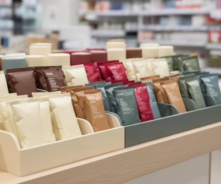 Barrette proteiche esposte in un punto vendita salutistico con confezioni ordinate