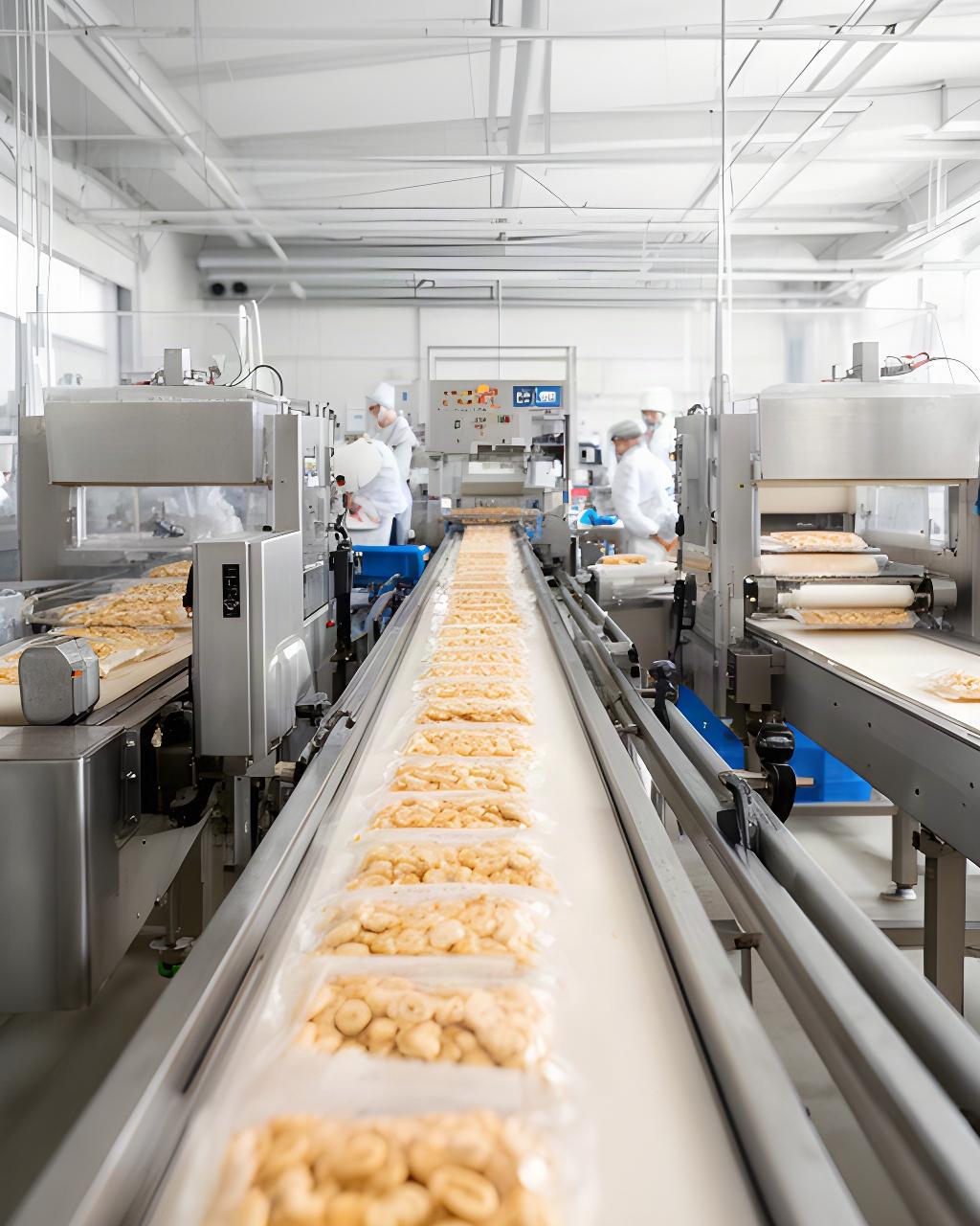 Linea ordinata di produzione di snack proteici in uno stabilimento alimentare italiano