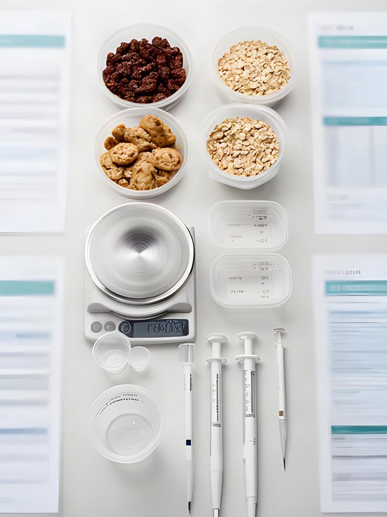 Campioni di prodotto e schede nutrizionali verificati su un banco di laboratorio